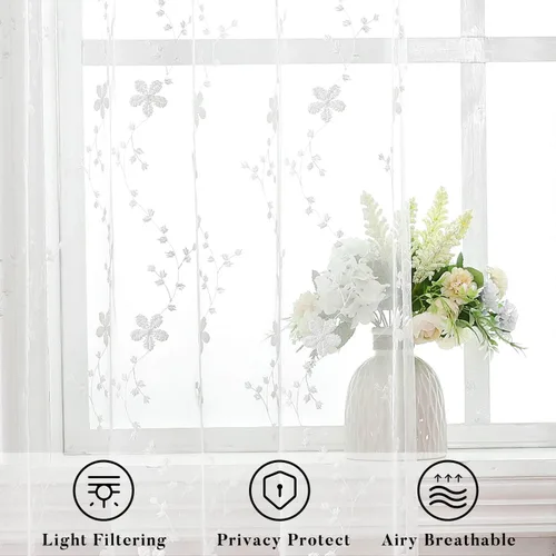Miniatura 3 de WUBODTI Cortinas de encaje blanco de lujo de 63 pulgadas de largo, 2 paneles para dormitorio, bonitas cortinas bordadas florales de vid con ojales