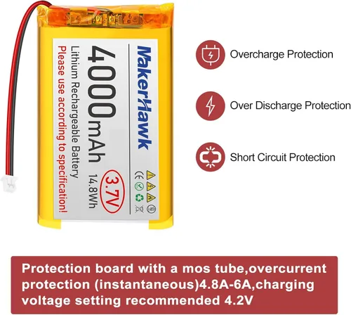 Miniatura 6 de MakerHawk Batería LiPo de 3.7 V 4000 mAh recargable 1S 124065 Batería de polímero de litio con placa de protección cinta de goma aislada, enchufe