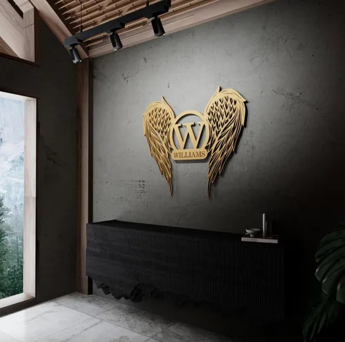 Miniatura 2 de Arte de pared de metal con alas de ángel, letrero con nombre personalizado, decoración moderna del hogar para sala de estar, dormitorio, oficina