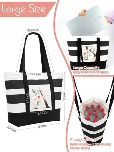 Miniatura 4 de PARBEE Bolso tote de lona con iniciales, diseño de rayas y flores, con cremallera superior, bolsas de playa grandes con monograma de regalo