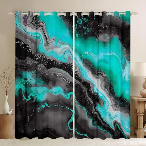 Miniatura 18 de Feelyou Cortinas abstractas para dormitorio, sala de estar, cortinas opacas de oscurecimiento negro y azul, con estampado de mármol, 2 paneles de 38