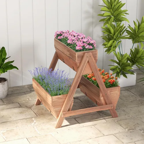 Miniatura 2 de Giantex Cama de jardín vertical elevada, 3 cajas de madera para flores, verduras, frutas y hierbas, maceta de jardín independiente con agujeros