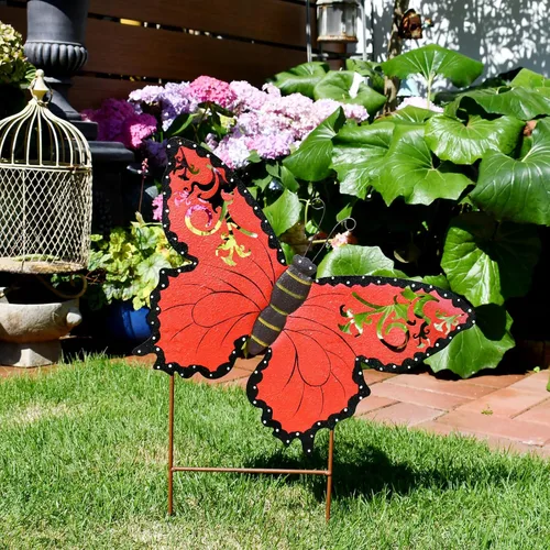 Linfevisi Estacas de jardín de mariposa de metal, decoración de primavera, mariposas, patio, estaca, césped, decoración de jardín, decoración Rojo