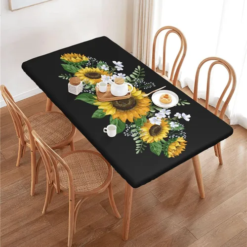 Miniatura 21 de Fiokroo Mantel de Flores de Crisantemo Azul, Amarillo y Azul Marino con Borde Elástico, Mantel Redondo Lavable y Reutilizable Cubierta de Mesa