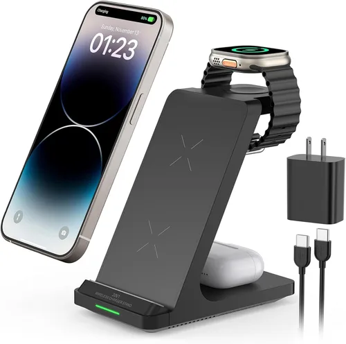 Estación de carga inalámbrica, soporte de carga rápida inalámbrica 3 en 1 para múltiples dispositivos Apple Watch Ultra Serie 11 10 9 8 7 6 SE 5 4 3