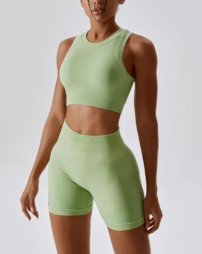 Miniatura 49 de Conjuntos de entrenamiento para mujer, 2 piezas, sin costuras, acanalada, sin mangas, brasier deportivo, cintura alta, pantalones cortos