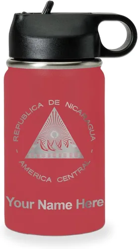 Miniatura 26 de LaserGram Botella de agua personalizada, bandera de Nicaragua, acero inoxidable de doble pared aislada al vacío con popote superior, regalo grabado