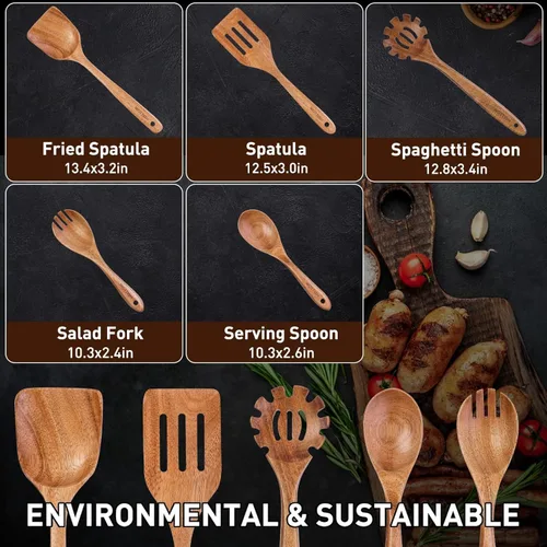 Miniatura 3 de Cucharas de madera para cocinar, juego de utensilios de cocina de madera de 5 piezas hechos de material de madera maciza natural, incluye cucharas