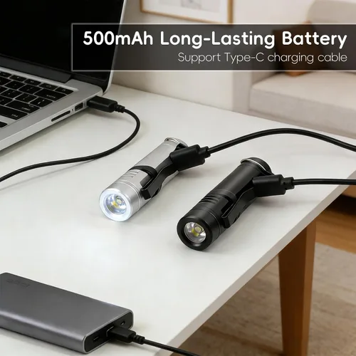 Miniatura 5 de Linterna EDC recargable de bolsillo con 500 lúmenes, 9 modos de iluminación, base magnética con clip para sombrero, cuerpo de aleación de aluminio