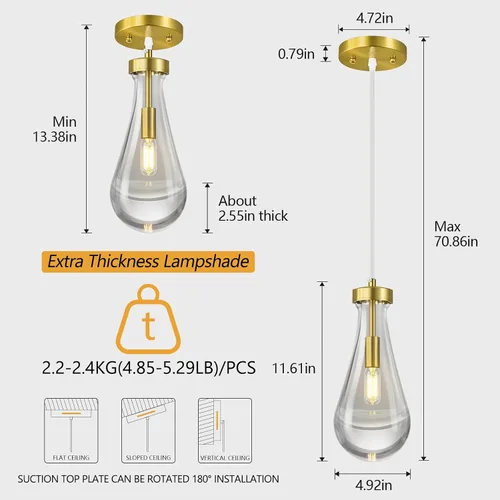 Miniatura 2 de Lámparas Colgantes en Forma de Gota de Lluvia para Isla de Cocina, Juego de 3 Lámparas Colgantes en Forma de Lágrima de Oro, Luz Colgante de Vidrio