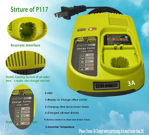 Miniatura 6 de Reemplaza el cargador de batería de 18 V ryobi P117 P118 P119 Química dual para cargar la batería Ryobi de iones de litio y Ni-cad Ni-Mh 12V 14.4V
