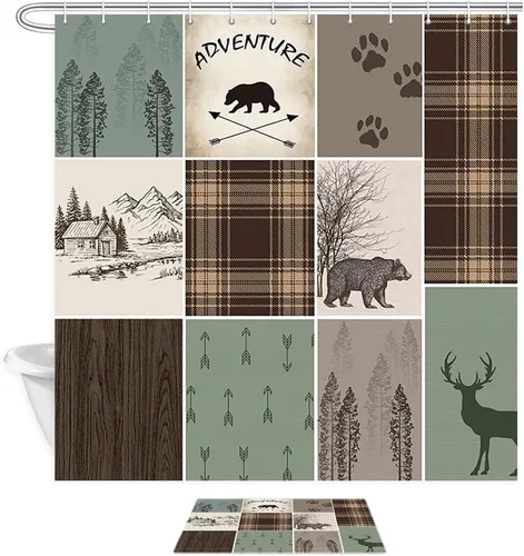 Miniatura 6 de Alfombras de baño de cabaña retro rústicas para baño, osos, ciervos, caza, animales salvajes, franela para baño, ducha, antideslizante, tapete a