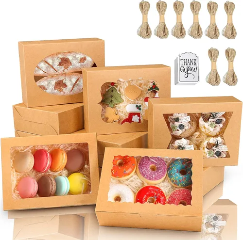 KPOSIYA 65 PCS Cajas para Galletas de 8x6x2.5 Pulgadas con Ventana Cajas Marrones de Panadería Cajas de Repostería para Regalar, Golosinas, Postre,