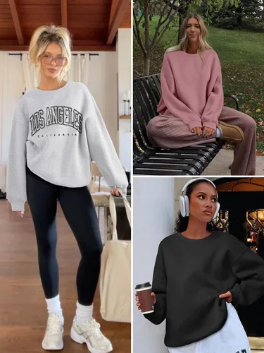 Miniatura 6 de ATHMILE Sudadera de gran tamaño para mujer, cuello redondo, forro polar, manga larga, sudaderas con capucha, tops de otoño, ropa de moda 2025