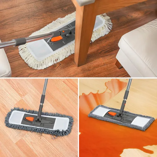 Miniatura 2 de Trapeador de polvo de microfibra con 3 almohadillas lavables reutilizables, mango largo de 58 pulgadas, mopas húmedas y secas para madera dura