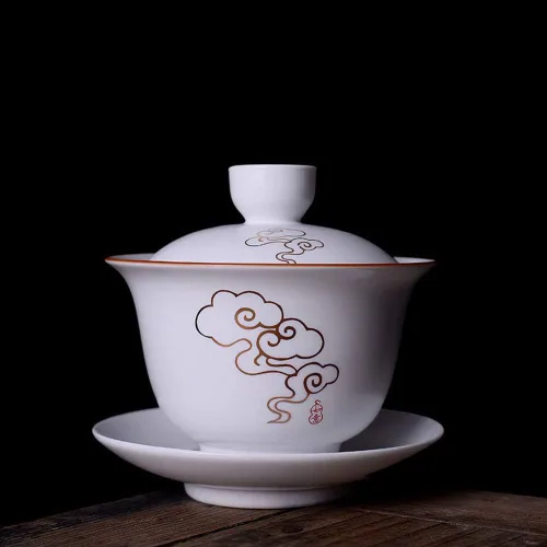 Miniatura 3 de GDLK Gaiwan - Taza de té de porcelana de 6 onzas, juego de té de gongfu chino blanco (nube)