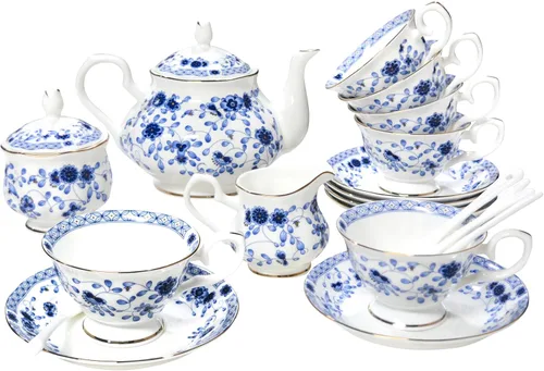 Juego de té de porcelana de hueso, juego de té de porcelana de 21 piezas para adultos, tazas de té y platillos para 6, con tetera, cucharas, Azul