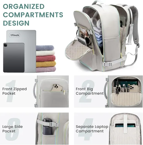 Miniatura 4 de LOVEVOOK Mochila de viaje grande de 40L para mujeres y hombres, mochila de mano aprobada por aerolíneas, Gris- verde, Mochila de viaje