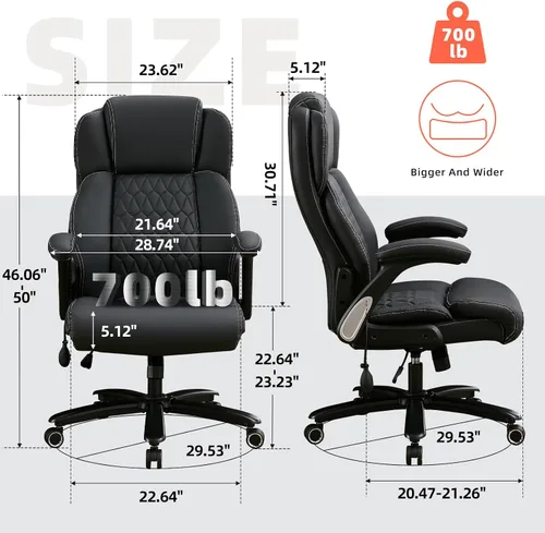 Miniatura 2 de Silla de oficina grande y alta de 700 libras, silla de escritorio ejecutiva resistente con soporte lumbar inflable, asiento acolchado extra ancho