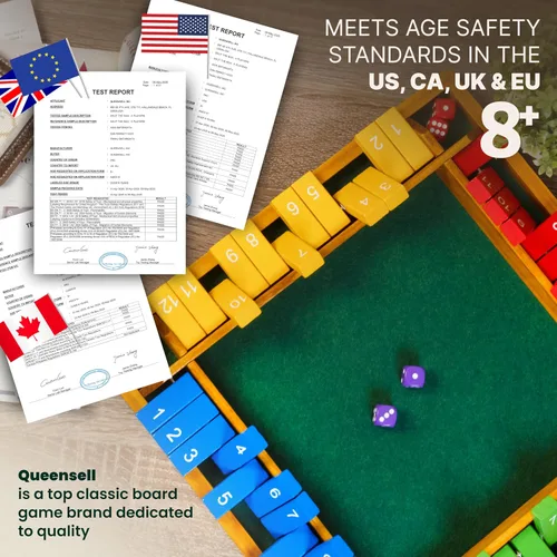 Miniatura 6 de Shut The Box Game Tablero de madera para 4 jugadores, juego de 14 pulgadas, 12 números para adultos y niños, ideal para noche
