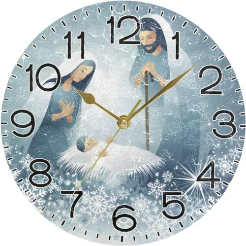 Miniatura 5 de Holy Family Nativity - Reloj de pared religioso de Navidad, funciona con pilas, sin tictac, silencioso, de cuarzo, analógico, rústico, rústico