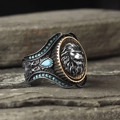 Miniatura 2 de 925 Sterling Silver Lion Head Men Silver Ring, Turquoise Stone Lion Men's Ring, Handmade Engraved Men's Silver Ring, Turkish Silver Ring