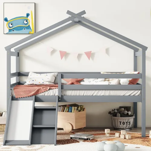Miniatura 4 de Cama baja de tamaño individual con tobogán y escalera, marco de cama con barandillas de seguridad y techo en forma de casa, para dormitorio