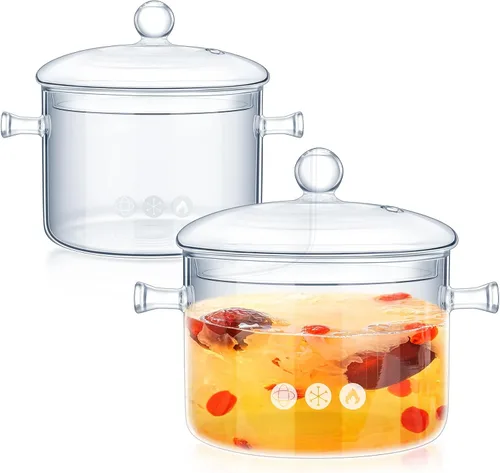Miniatura 8 de Zubebe Juego de 2 ollas de vidrio para cocinar en la estufa, cacerola de vidrio con tapa, resistente al calor, ollas y sartenes transparentes