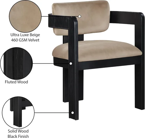 Miniatura 10 de Meridian Furniture 11095Beige-C Sacha Collection Silla de comedor Art Deco, terciopelo beige ultra lujo, terciopelo 460 GSM, madera sólida estriada