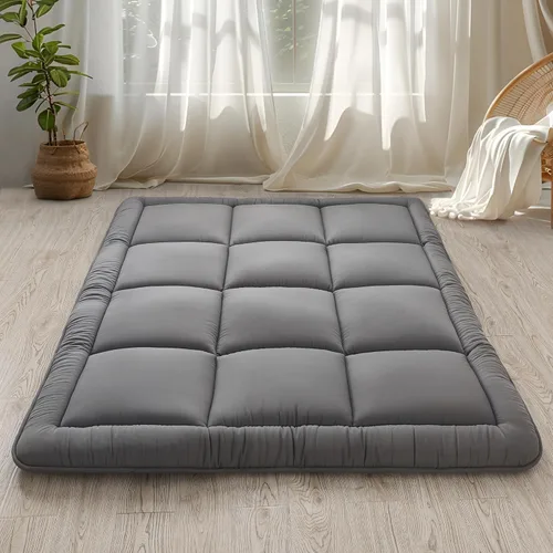 WhatsBedding Colchón de Suelo Japonés Colchón Futon de 3" Gris Tapete Tatami Relleno de Espuma Viscoelástica Triturada Almohadilla para Dormir,