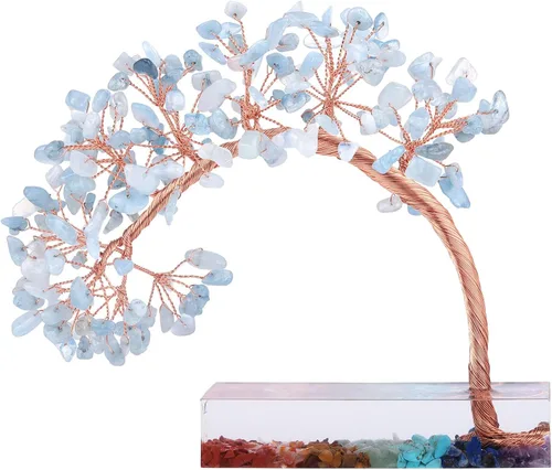 rockcloud Árbol de dinero de piedra de cristal aguamarina con base de resina de chakras, hecho a mano, árbol bonsái de Feng Shui, decoración de Azul