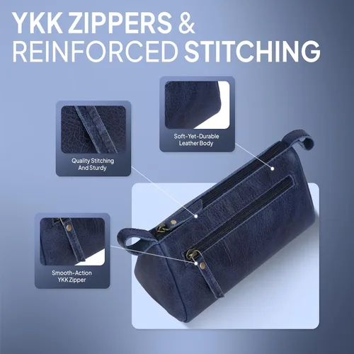 Miniatura 8 de Bolsa de maquillaje de cuero para mujer, bolsa de cosméticos de cuero genuino, bolsa de maquillaje hecha a mano con cremallera, bolsa de aseo Azul
