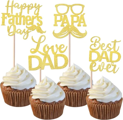 Miniatura 20 de Paquete de 24 adornos para cupcakes con purpurina para el Día del Padre, con purpurina para el mejor papá del mundo, sombrero de bigote #1