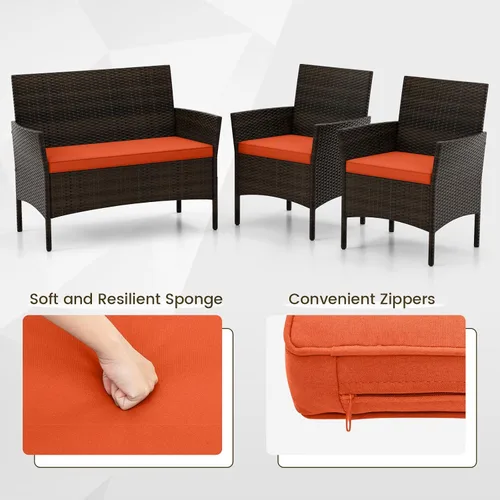 Miniatura 3 de DORTALA Juego de muebles de mimbre para patio, 4 piezas, mesa y sillas de ratán de polietileno para exteriores con mesa de centro de vidrio Naranja