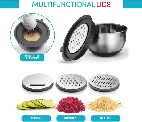 Miniatura 3 de Tazones para mezclar con tapas herméticas, juego de 8 cuencos de mezcla anidables de acero inoxidable con 3 accesorios para rallar y parte inferior