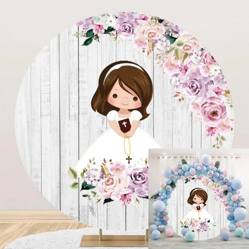 Telón de fondo redondo de 3 x 3 pies con diseño de cruz floral rústica vintage de madera para niñas bautizo y bautizo redondo para decoración de