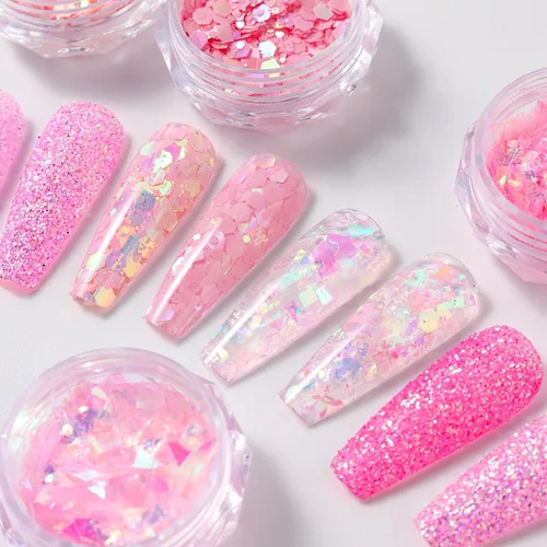 Miniatura 2 de Juego de polvos de purpurina rosa para arte de uñas, 12 frascos holográficos de lentejuelas para el día de San Valentín con cepillo, capa