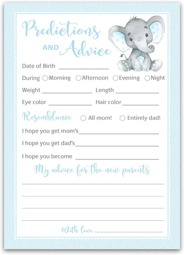Blue Elephant - Tarjetas de predicción y consejos – Paquete de 25 – Juegos de baby shower para niños, nuevos padres, mamá y papá futuros, mensaje de