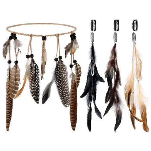 XunYee Paquete de 3 pinzas para el pelo de plumas de Halloween, 1 diadema de plumas bohemias, extensión de pelo hippie con clip de peine para