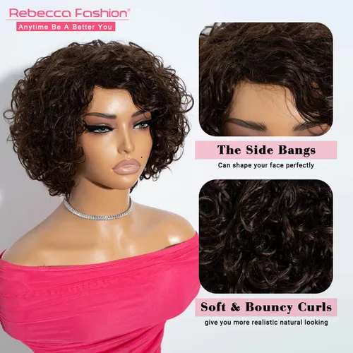 Miniatura 2 de Rebecca Fashion Pelucas de cabello humano rizado corto para mujeres negras, parte lateral, linda peluca rizada estilo Bob, brasileña Remy, sin