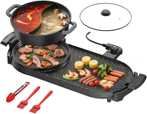 AORAN - Combo de parrilla eléctrica y olla caliente para cocina en interiores, parrilla desmontable de doble zona de 2200 W con bandeja dividida