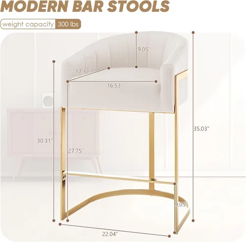 Miniatura 2 de Juego de 2 taburetes de bar de altura de mostrador, modernos taburetes de mostrador tipo barril de 27" de altura con respaldo tipo concha, taburetes