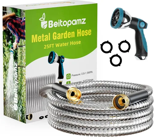 Miniatura 10 de Beitopamz Manguera de jardín de 100 pies, manguera de agua de metal de acero inoxidable con boquilla, flexible y duradera, a prueba de óxido, sin