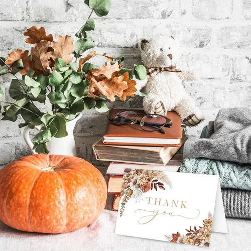 Miniatura 5 de AnyDesign Tarjetas de agradecimiento florales boho de otoño a granel, paquete de 24 tarjetas de felicitación de flores de acuarela con sobres