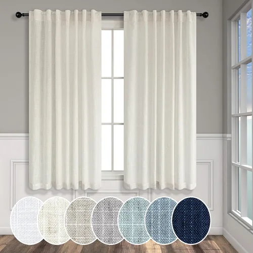 Miniatura 13 de Cortinas de lino azul de 84 pulgadas de largo para sala de estar; juego de 2 paneles con lengüeta trasera; cortinas con dobladillo para barra; Azul