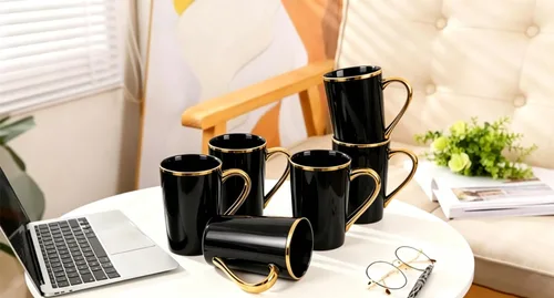Miniatura 4 de Juego de 6 tazas de café de oro negro de 12 onzas, tazas de cerámica de porcelana con mango y borde dorados, apto para lavavajillas, regalo elegante