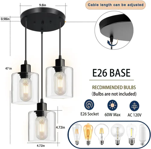Miniatura 5 de Lámpara colgante de 3 luces, lámpara colgante para isla de cocina, iluminación colgante negra para cocina, dormitorio, pasillo, accesorios de 3