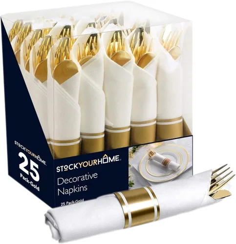Juego de cubiertos de plástico preenrollados para fiestas (paquete de 25), juego de cubiertos dorados, cucharas desechables, tenedores, cuchillos,
