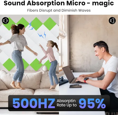 Miniatura 4 de Focusound Paquete de 18 paneles a prueba de sonido para paredes, paneles acústicos autoadhesivos absorbentes de sonido, paneles de pared cuadrados
