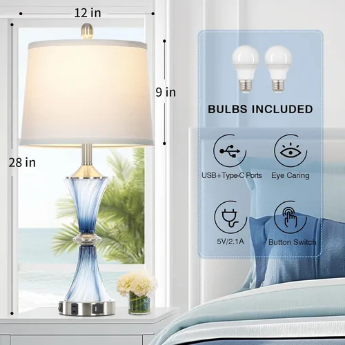 Miniatura 4 de Rinweey - Lámpara de mesa de vidrio azul con puertos USB C+A y salidas de AC, lámpara de noche costera para mesitas de noche, dormitorio, sala